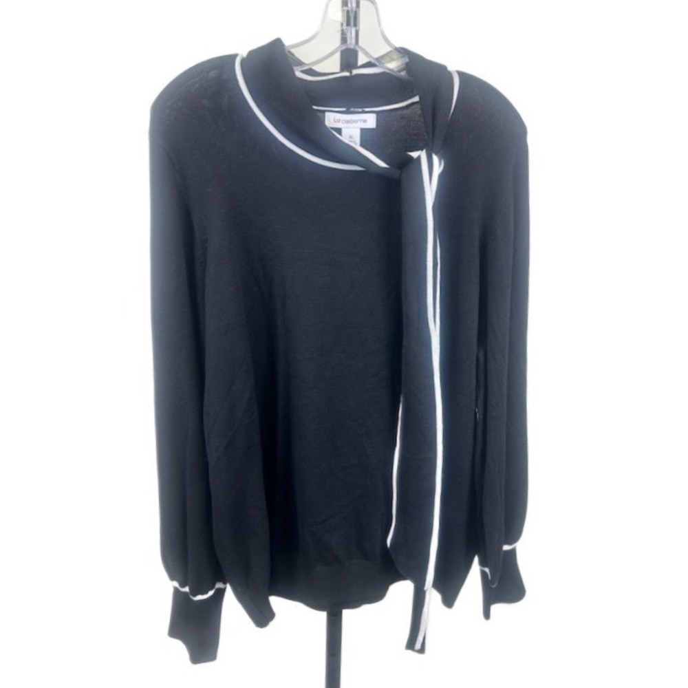 Vintage Liz Claiborne Sweater Top Women's Size XL Black White Tie Neck Y2K